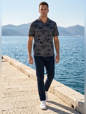 Caribbean Men's Tropical Palm Tree Polo Shirt - Grey Size L